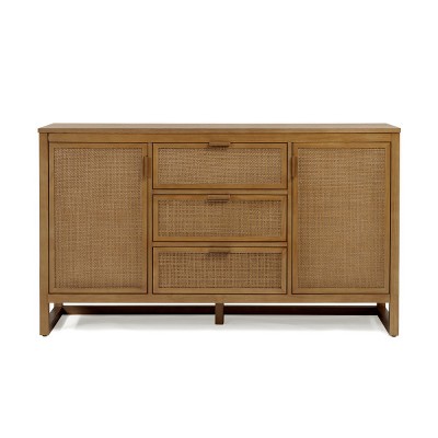 Teamson Home Hatteras Sideboard Cabinet 3 Rattan Inlay Drawers & 2 Doors Adjustable Shelf