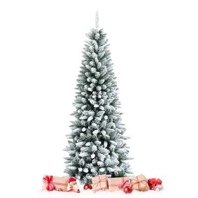 Tangkula 4.5FT Slim Snow-Flocked Christmas Tree Hinged Pencil Tree W/ 373 Branch Tips Premium PE & PVC