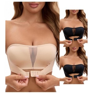 INSPIRE CHIC 3 Packs Women's Mesh Front Closure Push Up Wirefree Bandeau Strapless Breathable Tube Bras - 1 of 4
