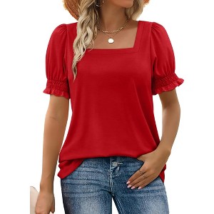 Summer Tops for Women Square Neck T Shirts Casual Tees Ruffle Trim Short Sleeve Blouses 2025 Fashion - 1 of 4