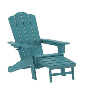 Flash Furniture Newport HDPE Adirondack Chair with Cup Holder and Pull Out Ottoman, All-Weather HDPE Indoor/Outdoor Lounge Chair