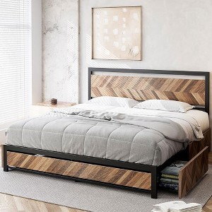 Whizmax Metal Bed Frame with 4 Storage Drawers and Rustic Vintage Wood Headboard, Strong Metal Slats Support, Easy Assemble (Walnut) - 1 of 4