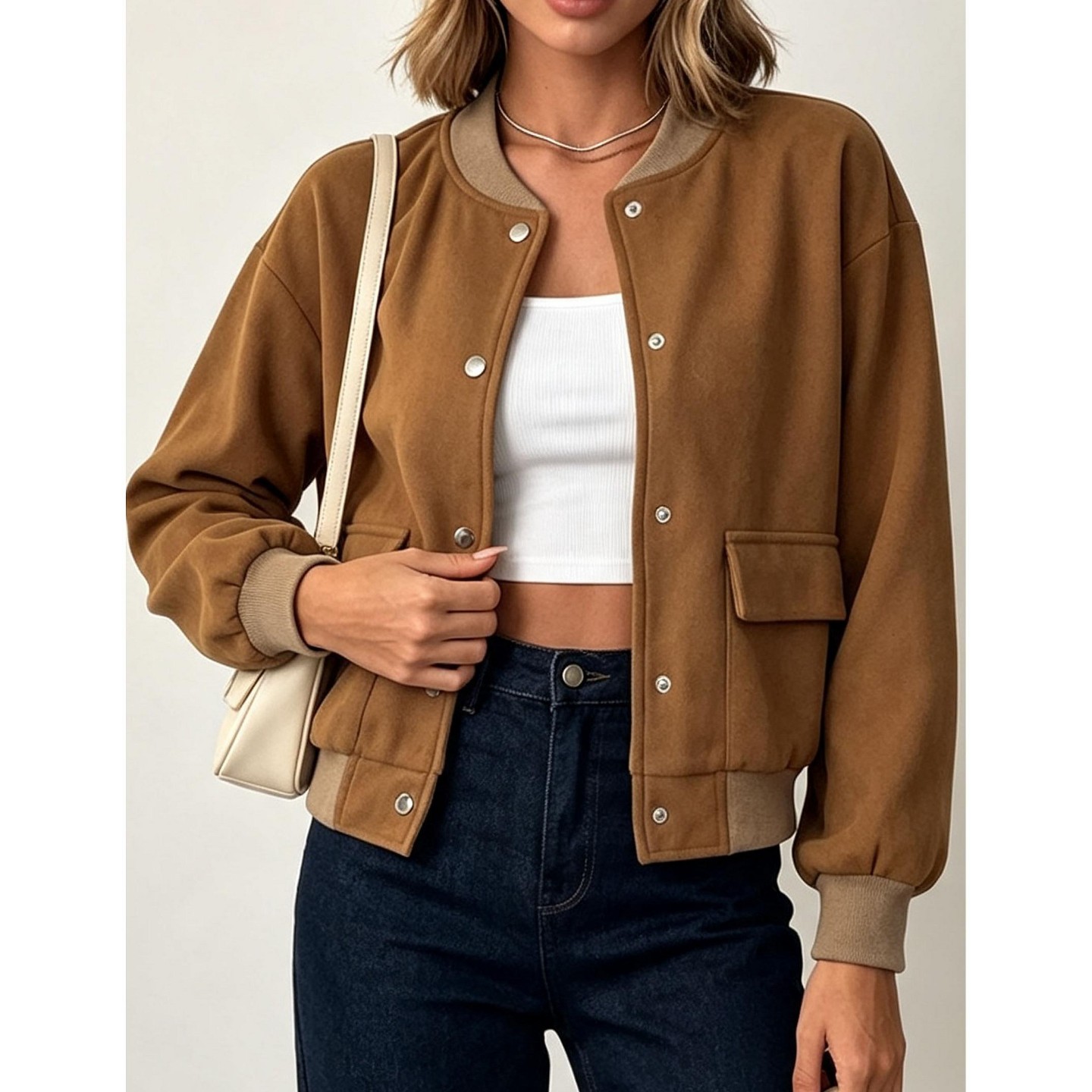 Женская куртка YesFashion Women Bomber Jacket Classic Ribbed Collar Button Loose Casual Outerwear with Pockets, Brown, цвет: Коричневый — фото 1