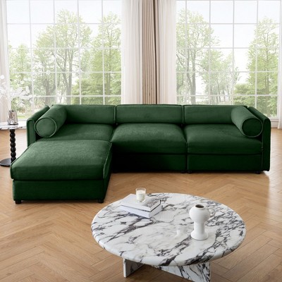 CAVINAS Modern Sectional Sofa with 3 Seats and 1 Ottoman,Convertible Modular Couch with Under-Sofa Storage,Couch for Living Room,2x Corner,Green