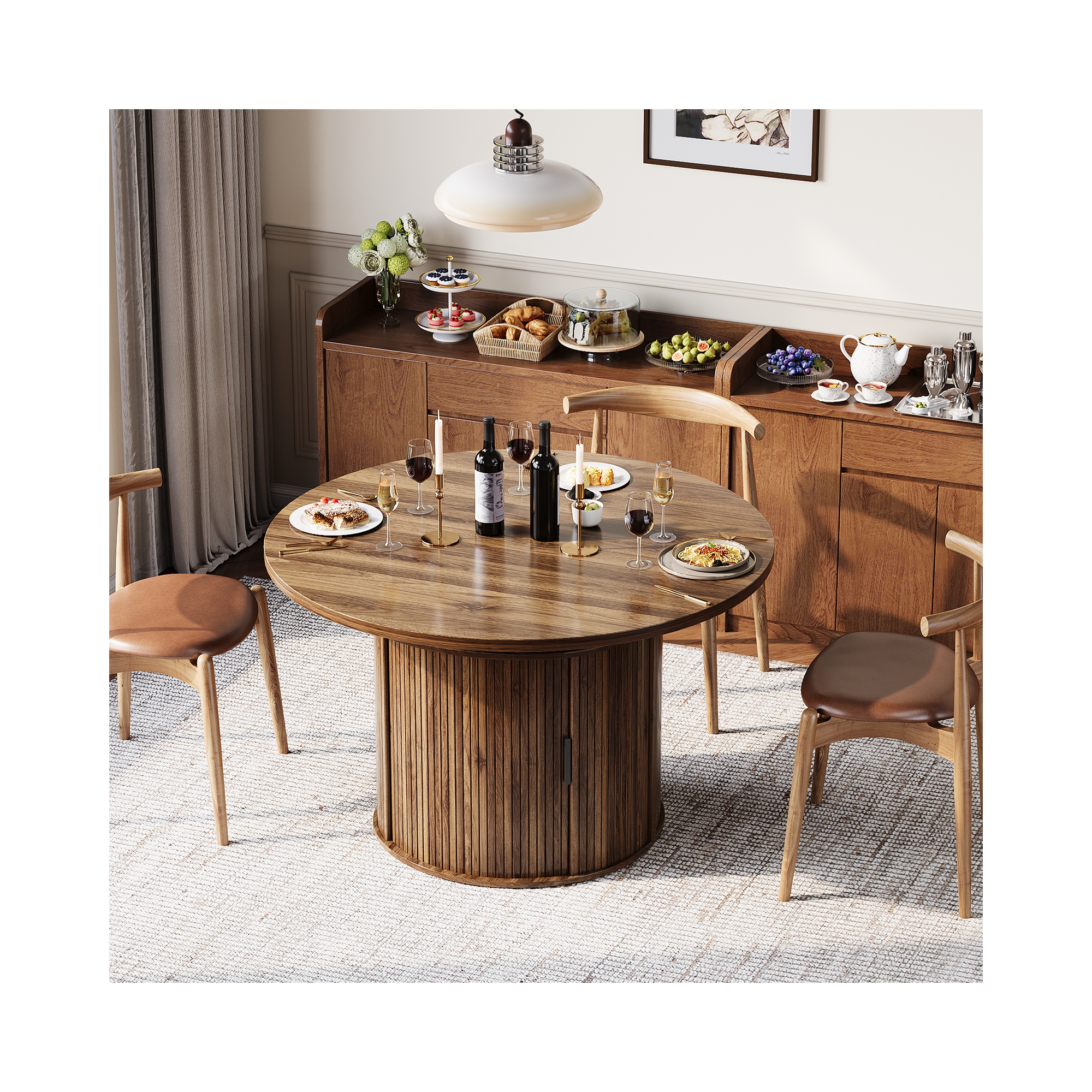 Garvee Extendable Round Dining Table, 47.5" to 63" Expandable Kitchen Table for 4-8, 2-Tier Storage Shelf, Modern Farmhouse Fluted Pedestal, Walnut