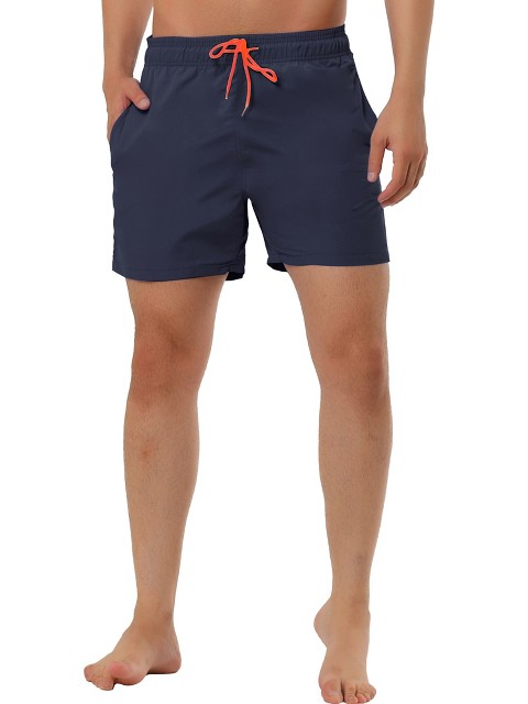 TATT 21 Men's Summer Casual Solid Color Mesh Lining Drawstring Waist Swimwear Shorts Navy Blue 38