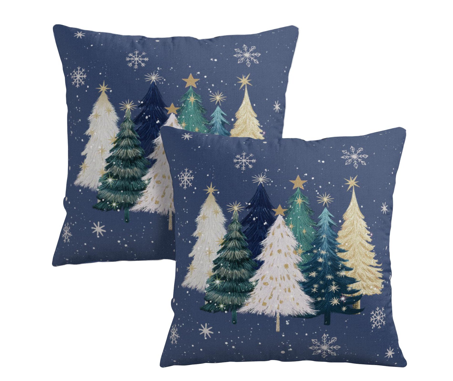 Blue Christmas Pillow Covers 18x18 Set of 2 Teal White Gold Xmas Tree Snowflakes Decorative