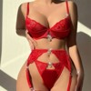 Clotth Ladies Christmas Lingerie Set - Heart Embroidered Sheer Mesh Babydoll Lingerie Set, Bra, Thong, and Suspender, Elegant Three-Piece Set, Red - 4 of 4