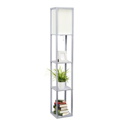 Elegant Gray Floor Lamp with Linen Shade and Display Shelves