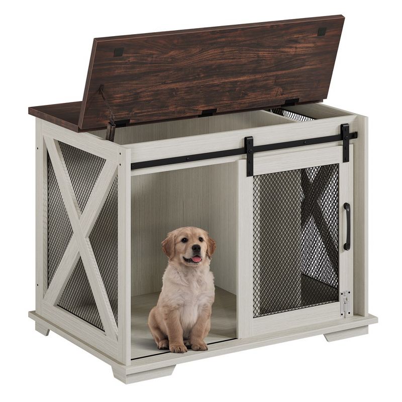 Towallmark 37 "Sliding Barn Door Dog Crate Furniture With Flip Top And Removable Divider, Wooden Dog Crate Table, Kennel Side Table, White, 1 of 7