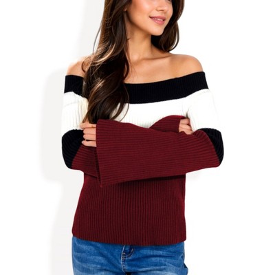 Anna-Kaci Women's Off-Shoulder Ribbed Knit Sweater with Color Block Design and Flared Sleeves
