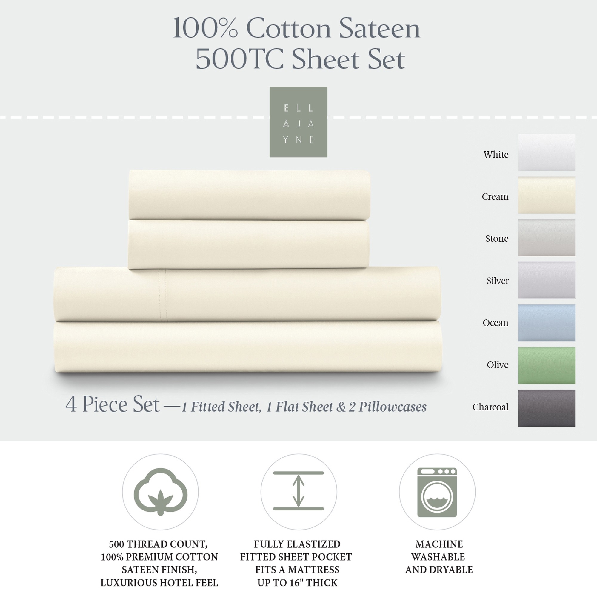 Ella Jayne 100% Cotton Sateen 500 Thread Count Deep Pocket 4-piece Sheet Set, Queen, Cream