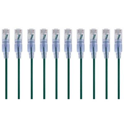 Monoprice SlimRun Cat6A Ethernet Patch Cable - Network Internet Cord - RJ45, Stranded, UTP, Pure Bare Copper Wire, 30AWG, 2ft, Green, 10-Pack