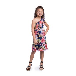 24seven Comfort Apparel Girls Blue Floral One Shoulder Ruffle Knee Length Dress - 1 of 4