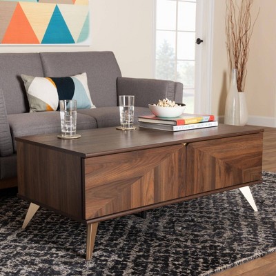 Graceland 2 Drawer Wooden Coffee Table Walnut Brown/Gold - Baxton Studio