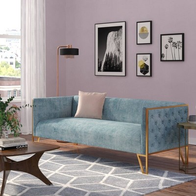 Ocean Blue Tufted Velvet Sofa with Polished Gold Metal Legs