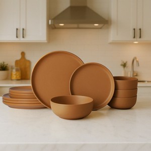 SEVOBAL 12-Piece Stoneware Dinnerware Set Microwave Dishwasher Friendly Stackable Matte Glaze Plates Bowls Service for 4, Orange, 10"*10"*2.4" - 1 of 4