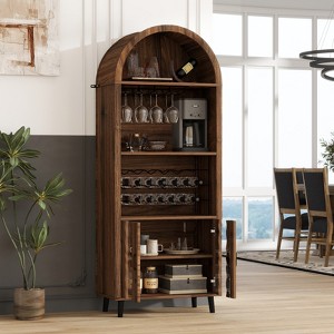YOOCOZZ 71" Farmhouse Arched Bar Cabinet Tall Arched Display Cabinet with Coffee Bar Whiskey Station Wine Rack - Brown Oak - 1 of 4