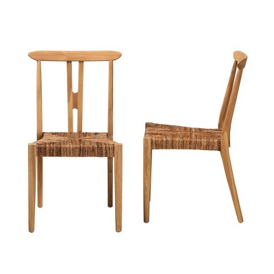 Artha Natural Brown Teak Wood and Seagrass Wishbone Dining Chairs, Set of 2