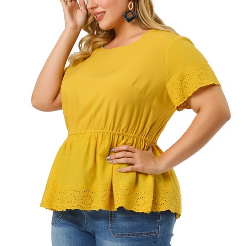 Agnes Orinda Women's Plus Size Plain Retro Elastic Waist Short Sleeve Peplum  Tops Yellow 3x : Target