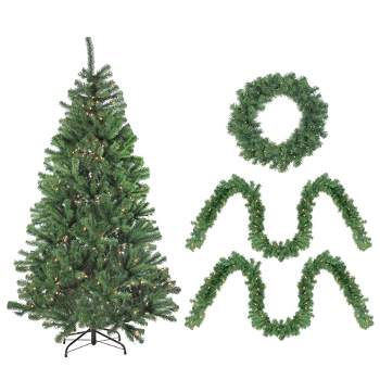 Northlight 4pc Artificial Christmas Tree Winter Spruce, Wreath and Garland Set 6.5' - Clear Lights