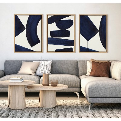 Sylvie Japandi Navy Blue Abstract Canvas Art Set with Natural Frames