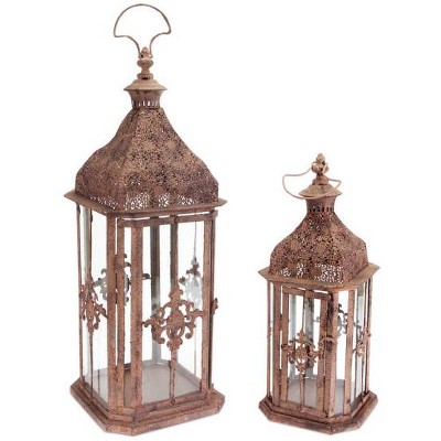 Melrose Set of 2 Brick Brown Antique Rustic Pillar Candle Holder Lanterns 24"