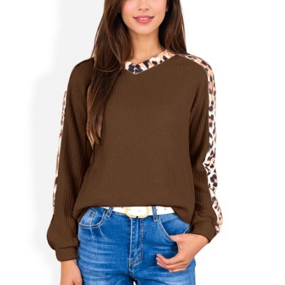 Anna-Kaci Women's Waffle Knit Top with Leopard Print Contrast and V-Neck Detail for Casual Looks