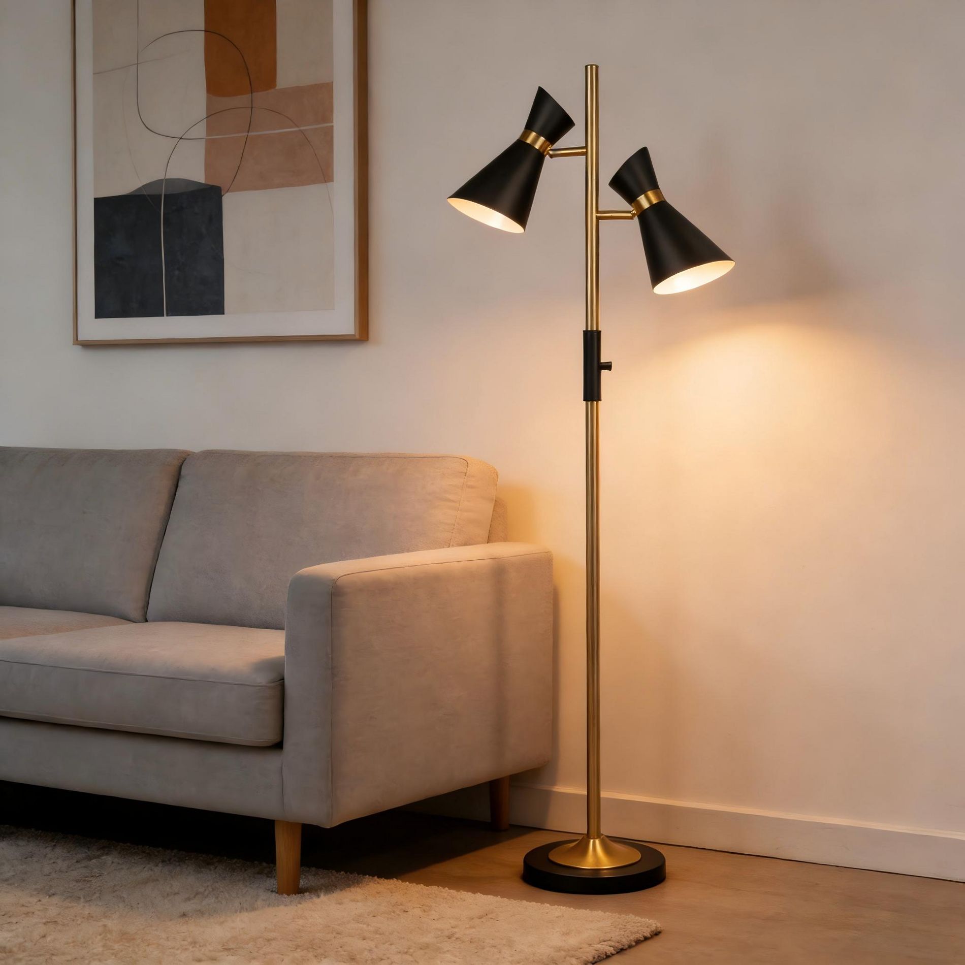 LOVSON Axis Brassed Gold Floor Lamp with 4-Way Switch Double Spots with Metal Base