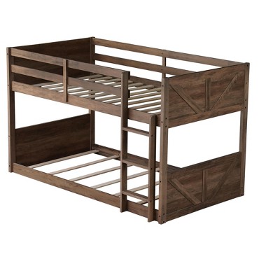 DOMETOUR Twin over Twin Floor Bunk Bed with Panel Headboard, Solid Rubber Wood, Safety Guardrails, Built-in Ladder, Antique Oak
