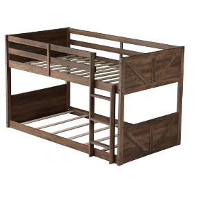 DOMETOUR Twin over Twin Floor Bunk Bed with Panel Headboard, Solid Rubber Wood, Safety Guardrails, Built-in Ladder, Antique Oak - 1 of 4