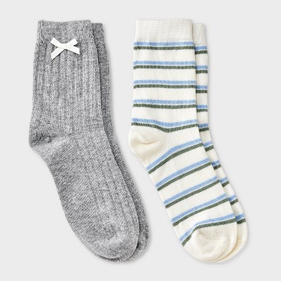 Women's Pointelle with Bow & Striped 2pk Mid Crew Socks - Wild Fable™