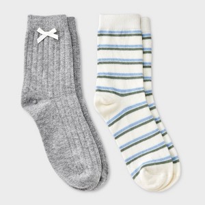 Women's Pointelle with Bow & Striped 2pk Mid Crew Socks - Wild Fable™ - 1 of 3