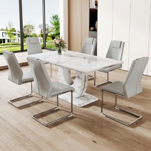 GDFStudio Anselm Modern 7 Piece Marble Pattern Dining Set with Faux Leather Chairs - 1 of 4