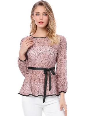 INSPIRE CHIC Women's Semi-Sheer Elegant Tie Waist Long Sleeve Floral Lace Peplum Blouses