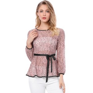 INSPIRE CHIC Women's Semi-Sheer Elegant Tie Waist Long Sleeve Floral Lace Peplum Blouses - 1 of 4