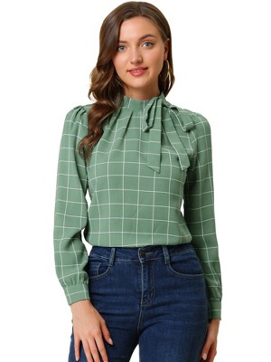 INSPIRE CHIC Women's Bow Tie Neck Keyhole Back Grid Checks Office Work Blouses