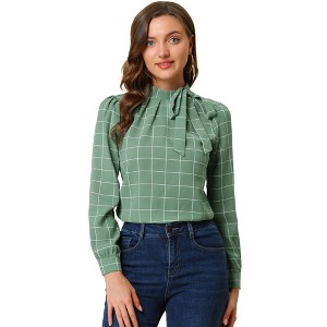 INSPIRE CHIC Women's Bow Tie Neck Keyhole Back Grid Checks Office Work Blouses - 1 of 4