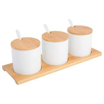 Gibson Gracious Dining 10 Piece Fine Ceramic Condiment Jars with Bamboo Lids and Spoons in White