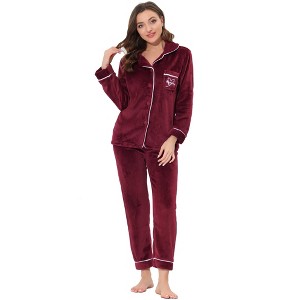 Allegra K Women's Flannel Button Down Lounge Winter Long Sleeves Pajama Sets - 1 of 4