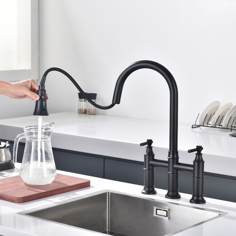 SUMERAIN Bridge Kitchen Faucet with Pull Down Sprayer Matte Black 3 Hole 2 Handle, Stainless Steel, 3 of 11