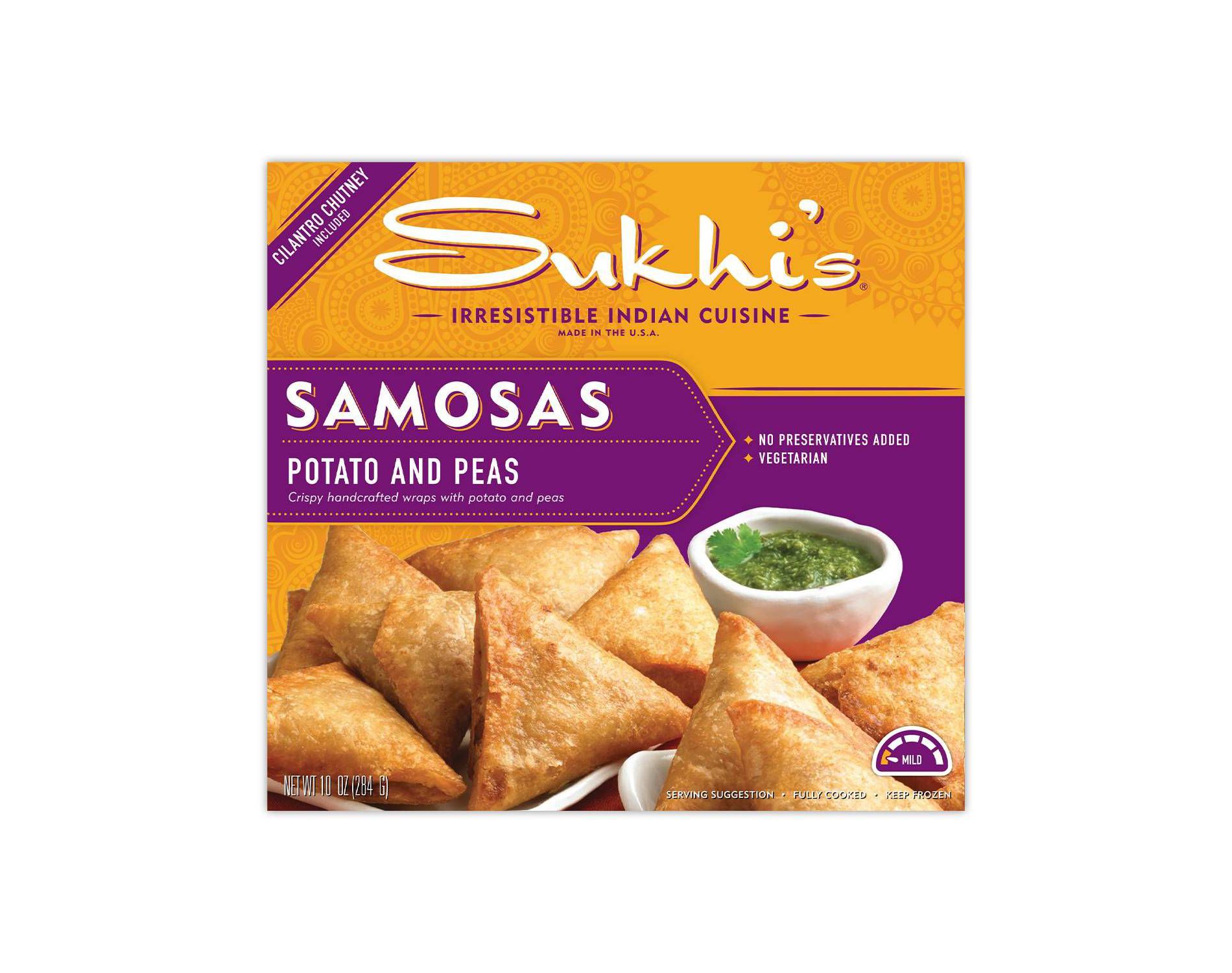 Sukhi's Indian Potato & Pea Vegetarian Samosa Frozen Appetizer Snack with Cilantro Chutney Dipping Sauce - 10oz