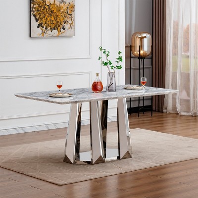Modern 70'' Faux Marble Dining Table with Stainless Steel Base, Large Rectangular High Gloss Table for Kitchen or Dining Room – The Pop Home