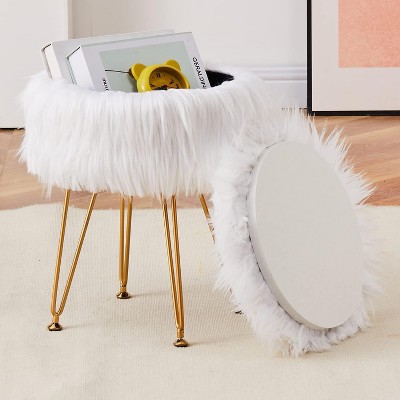 KTMBDW Faux Fur Storage Ottoman, Round Furry Vanity Stool, Footrest Stool with 4 Metal Legs for Living Room, Bedroom, Entryway