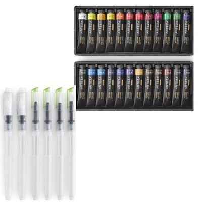 Arteza Professional Watercolor Artist Set - 24 Pack of 12ml Paints and 6 Water Brush Pens Bundle (ARTZ-NBNDL120)