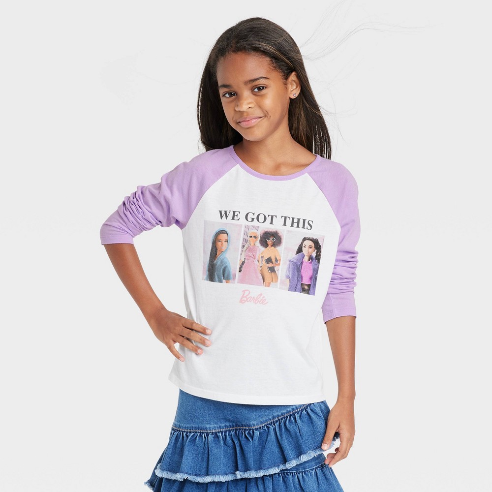 Girls' Barbie 'We Got This' Long Sleeve Raglan Graphic T-Shirt - Purple S (3 shirts)