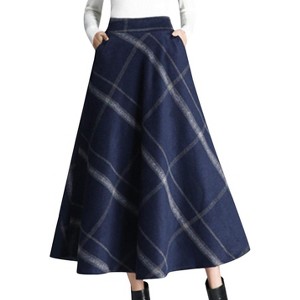 Women's Wool Plaid A-Line Skirt - Winter Warm Elastic Waist Pleated Long Skirt Navy Blue - 1 of 4