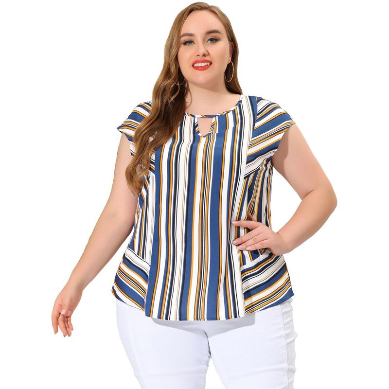 Agnes Orinda Women's Plus Size Blouse Keyhole Neck Cap Sleeve Stripe Top, 3 of 7