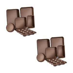 NutriChef Kitchen Oven Non Stick Carbon Steel Tray Sheet 6 Piece Bakeware Set with Cookie Tray, Cake Pan, Muffin Pan, and Bread Loaf Pan Gold (2 Pack) - 1 of 4