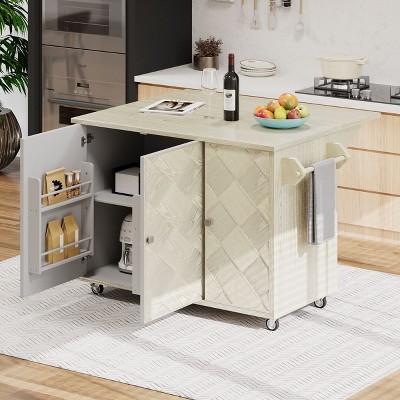 PAGED 51.2"W Kitchen Island Wood Handwoven Kitchen Island on Wheels with Drop Leaf, Internal Storage Rack for Kitchen